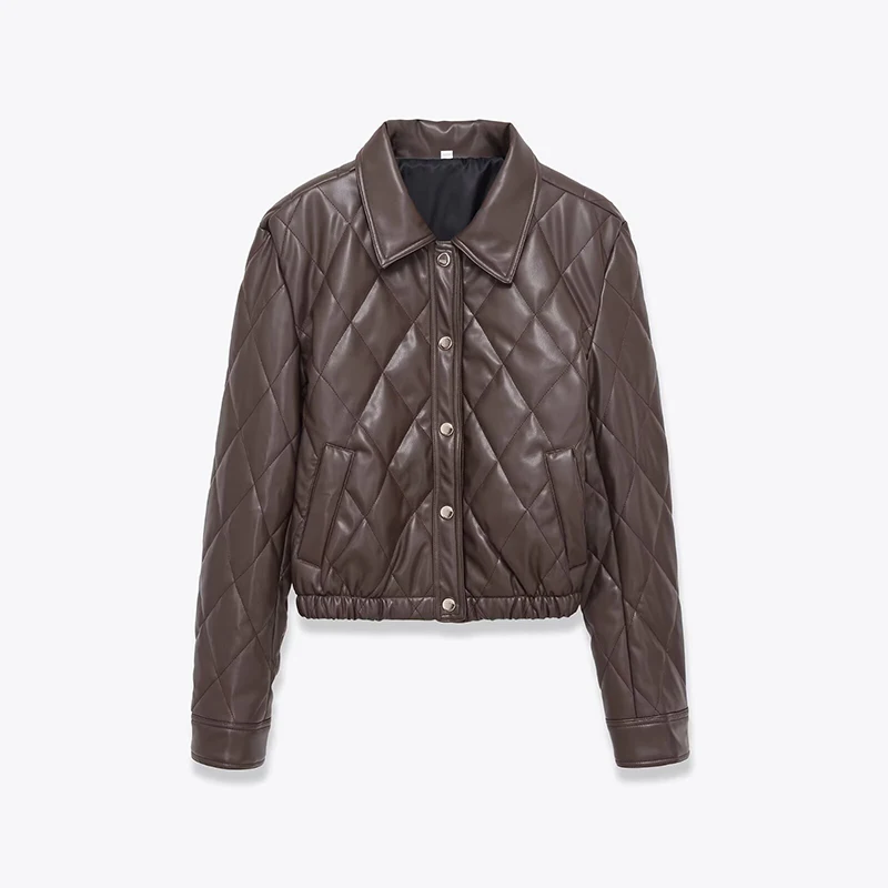 

YENKYE осенне-зимняя винтажная стеганая куртка из искусственной кожи для женщин, укороченное пальто из искусственной кожи с длинными рукавами и воротником с лацканами