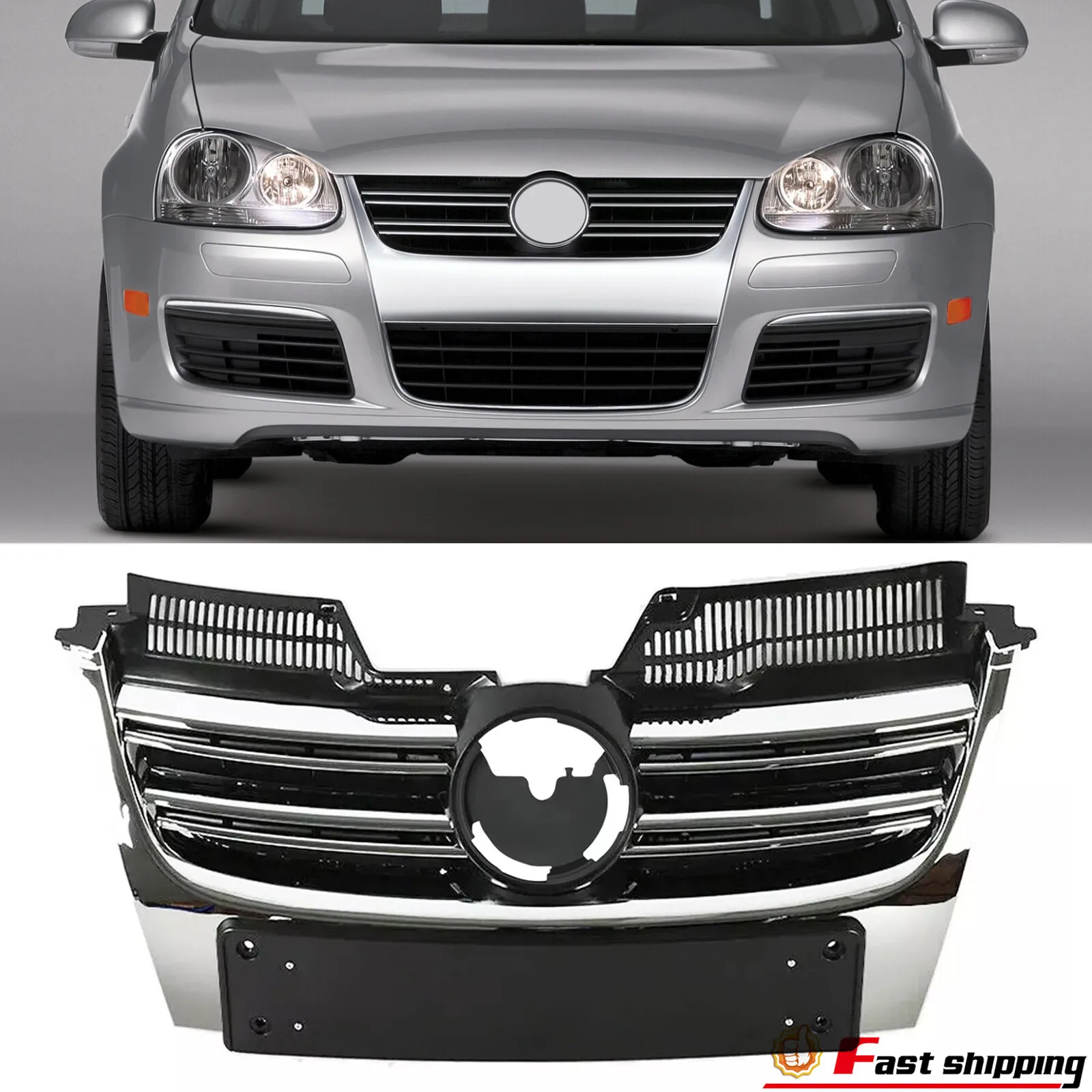 

Fits 2005-2010 VW Jetta MK5 Sedan Black Front Upper Grille Grill W/Chrome trim