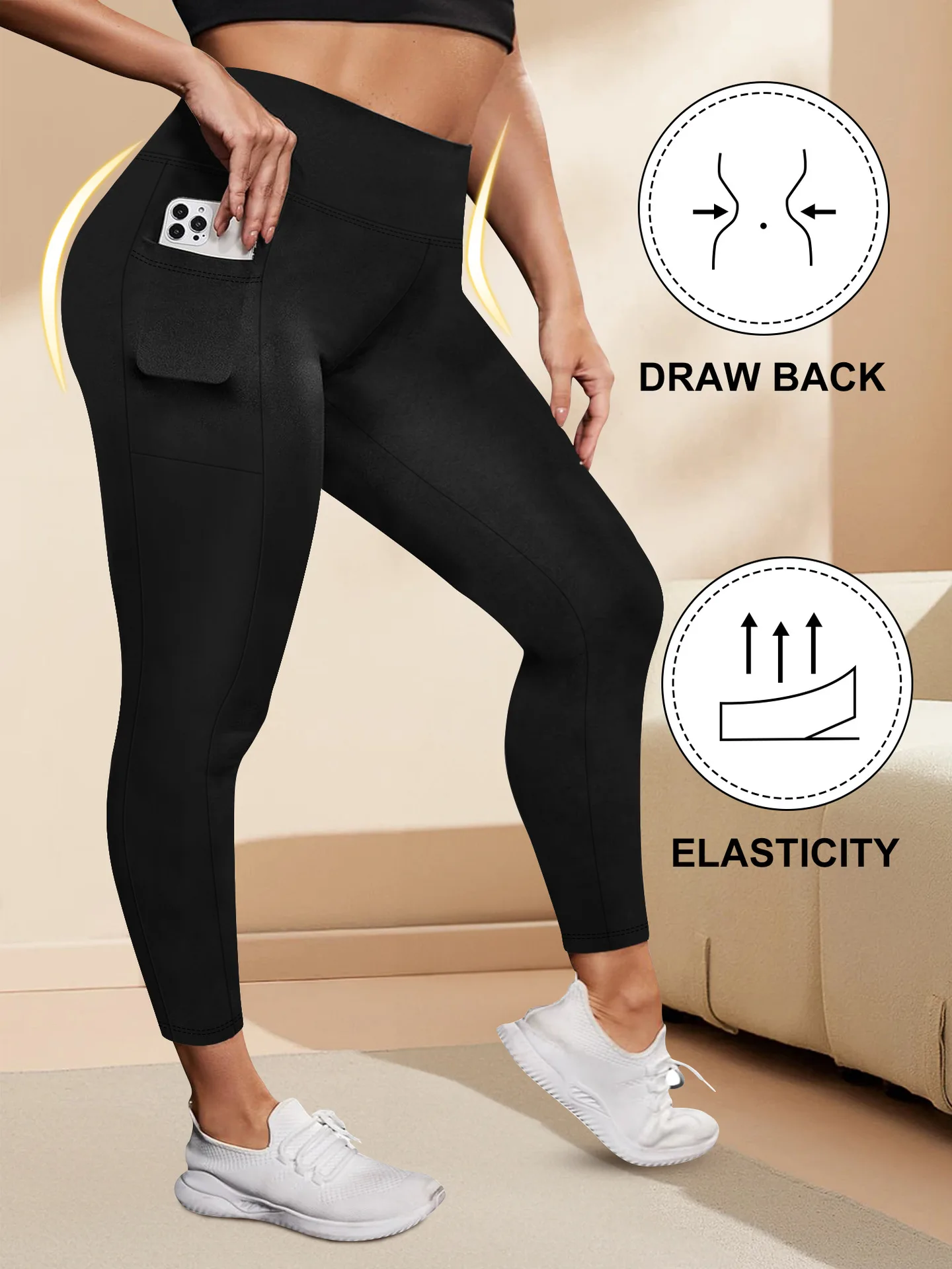 Damen-Yogahose mit hoher Taille, Übergröße, Po-Lifting-Workout-Leggings mit Taschen, elastische Activewear für Fitnessstudio und Laufen – Detail 2