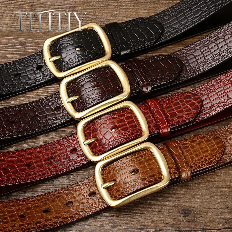 High Quality Retro Crocodile Totem Embossed Cowhide Belt Men Genuine Leather Copper Pin Buckle All-match Jeans Belt for Men 38mm