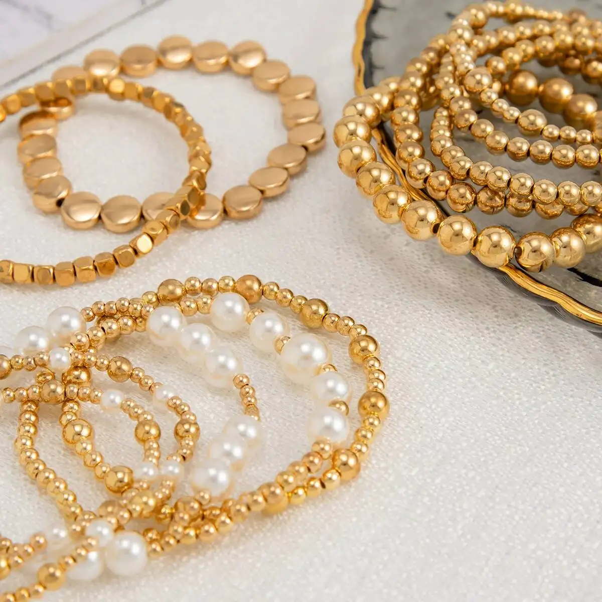 

PuRui 12 Pcs/Set Simple Vintage CCB Beads Bracelet for Women Creative Fashion Imitation Pearl Bangles Jewelry Accessories Gifts