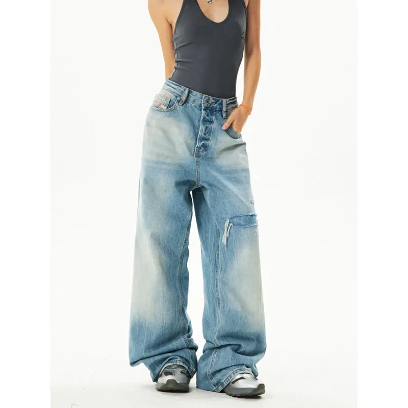 Calças jeans largas retas de cintura alta femininas, jeans azul, calças femininas de perna larga, streetwear, harajukugradiente de moda, 2024