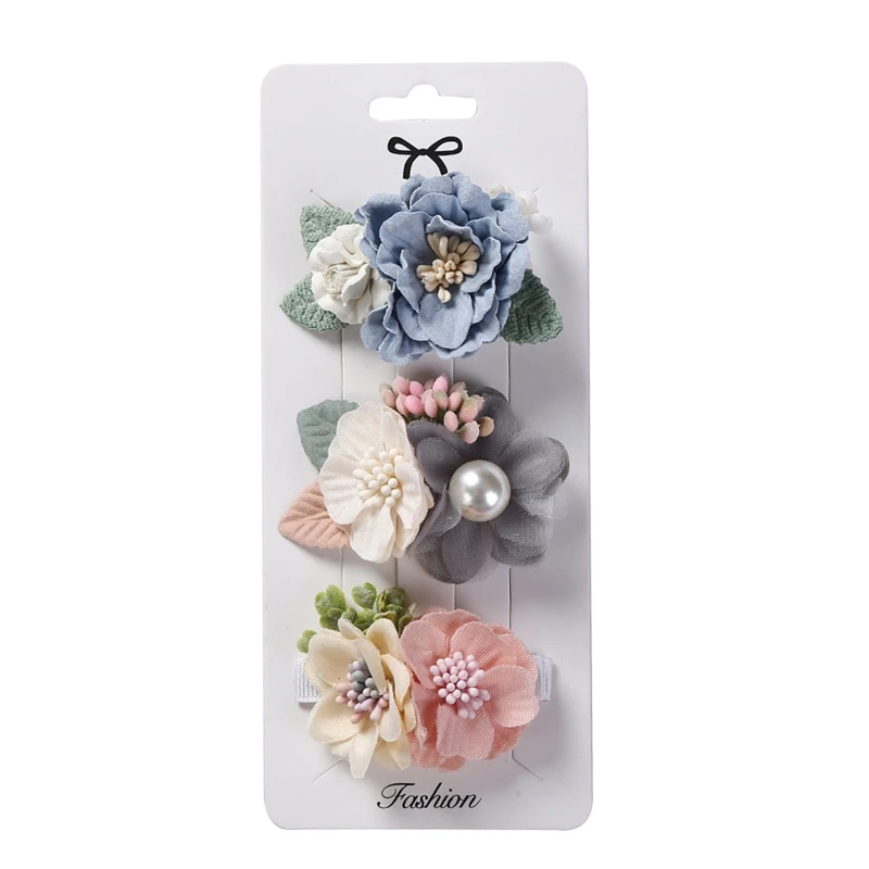 F19F 3Pcs Kids Baby Girls Floral Hair Clips Set Artificial Flower Fully Lined Clip Hairpins Toddler Teens Boutique Bow