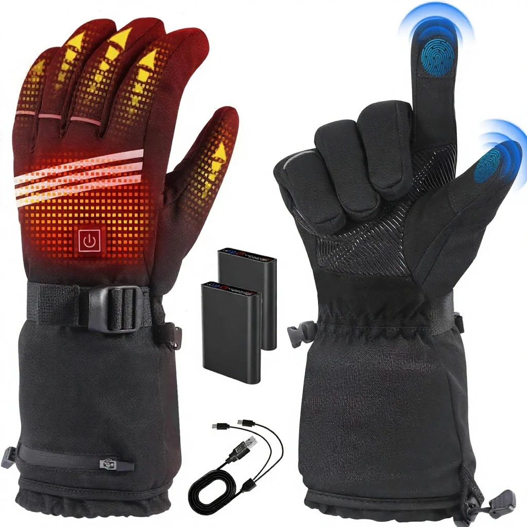 2026 Heated Gloves Unisex Rechargeable 4 Temperature Modes 7.4V 5000mAh Battery Waterproof Full Finger Polyester Pull-On Ski Cam