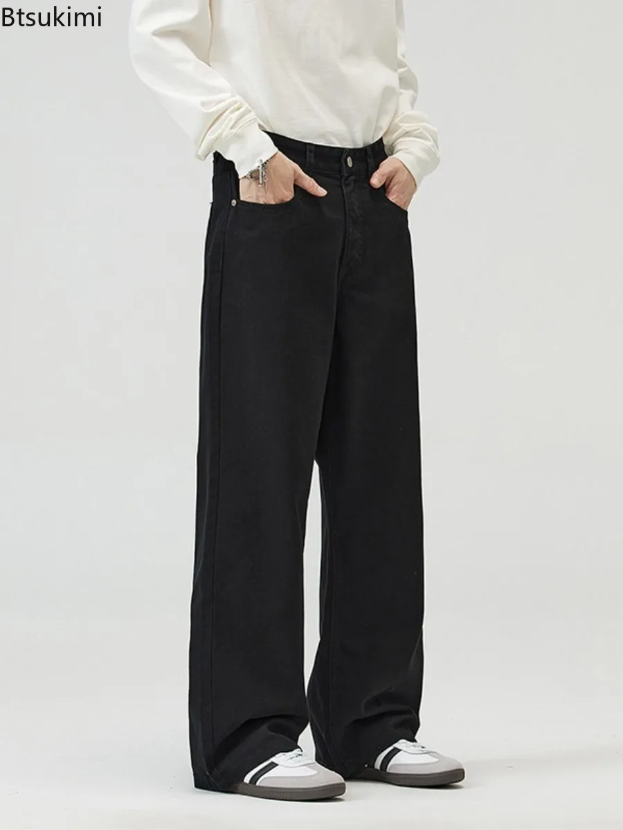 2025 Fashion New Men's Wide Leg Denim Pants High Waist Cotton Straight Pants Solid Baggy Jeans Simple All-match Trousers for Men