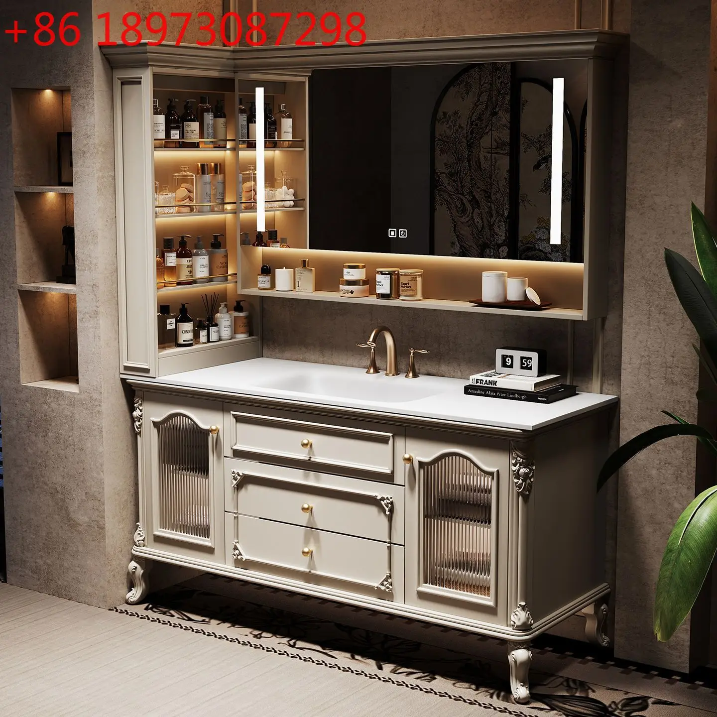 

American light luxury floor-to-ceiling bathroom cabinet combination French retro face wash toilet sink side cabinet