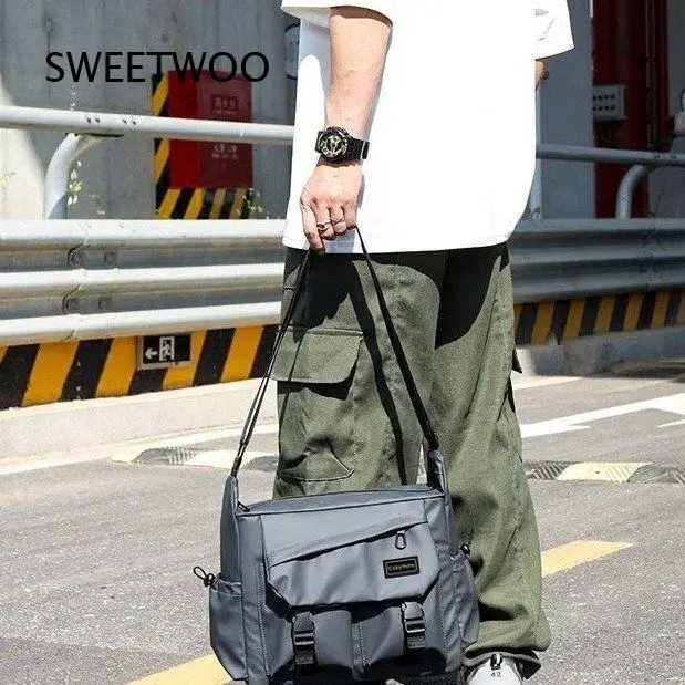 Men Water Resistant Nylon Satchel Bag Multi Pocket Buckle Design Crossbody Messenger Shoulder Bag