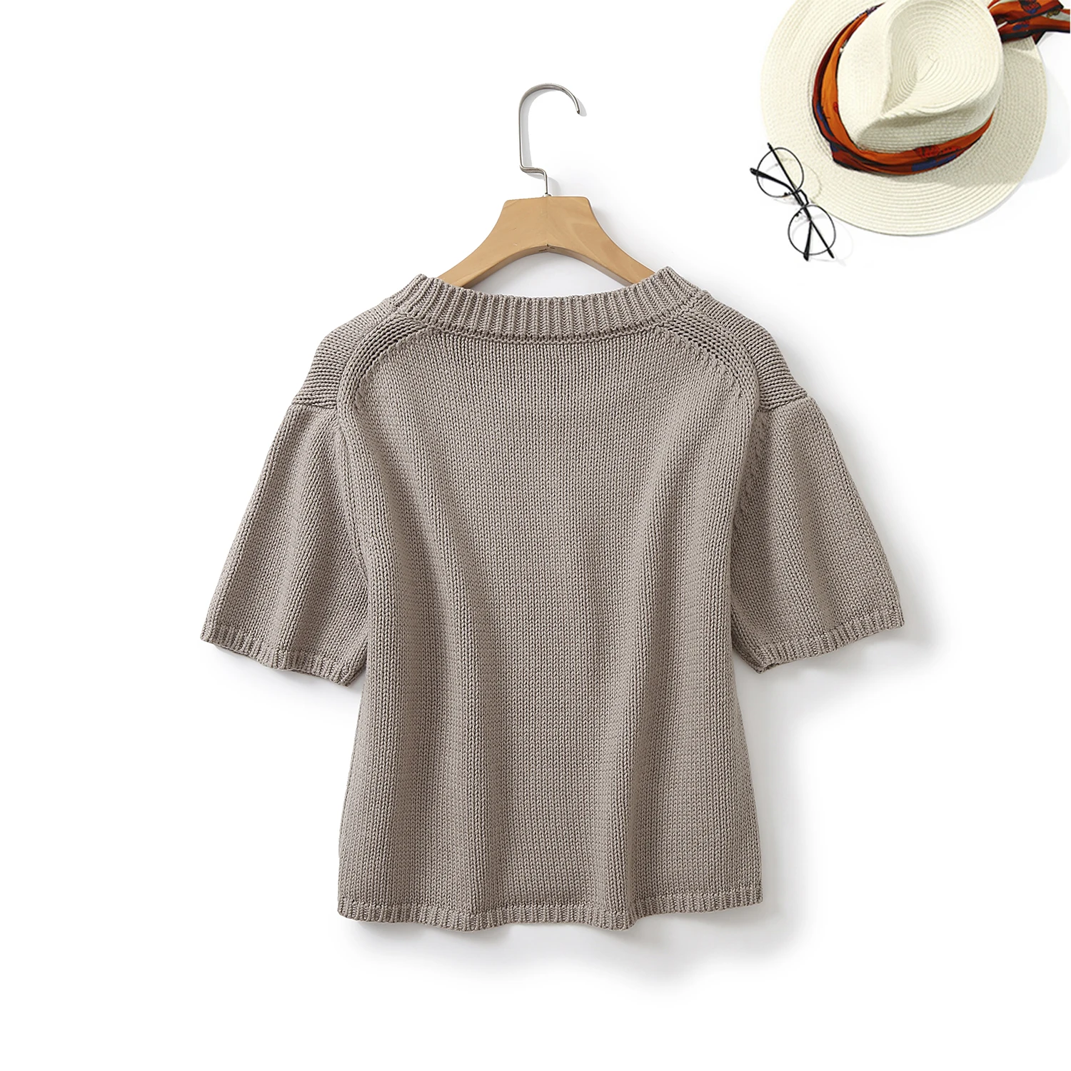 Ethereal MD 2024  autumn new style of Women\'s casual basic simple brown crew-neck short-sleeved sweater T-shirt