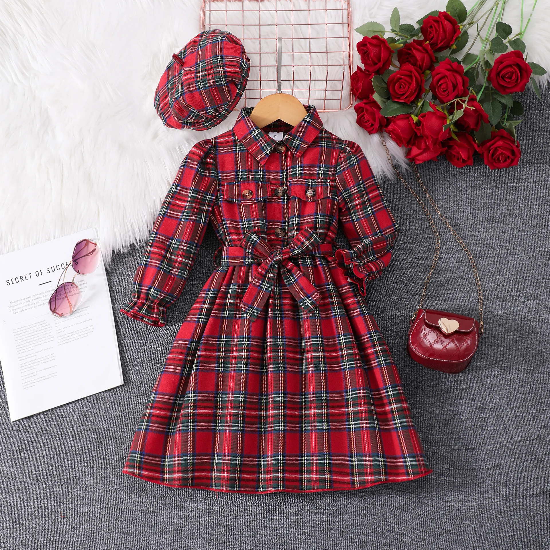 Girls Tartan Plaid Shirt Dress with Matching Beret Long Sleeve Belted A-Line Dress Preppy Elegant Kids Outfit Christmas Holiday