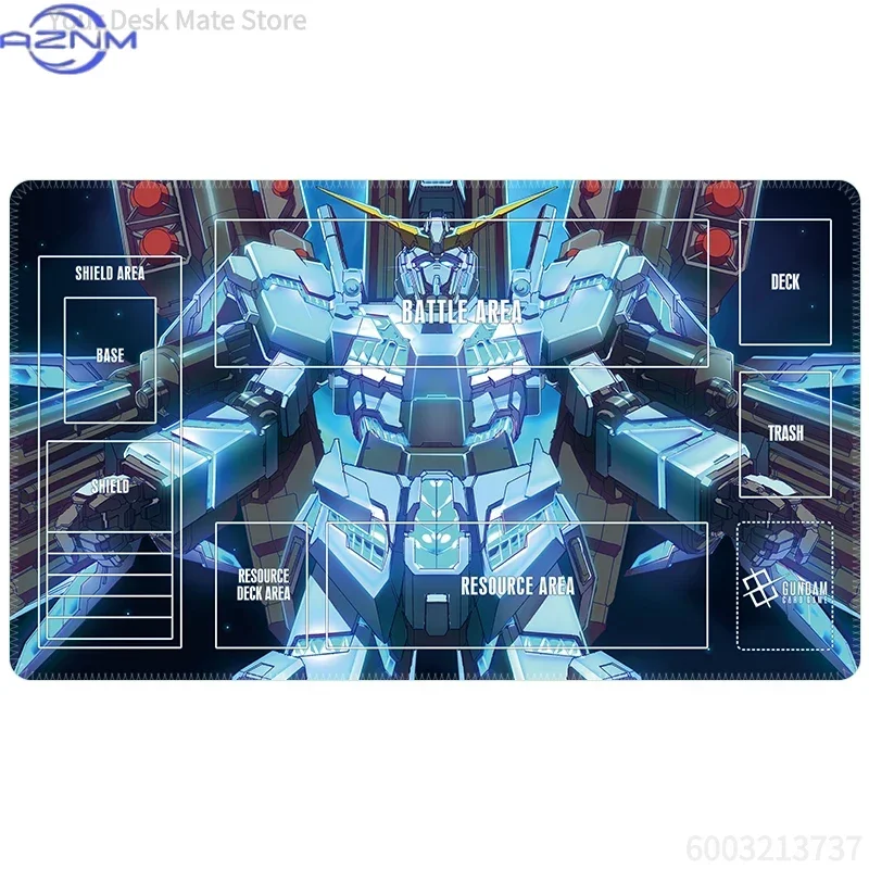 Gundam Themed TCG Playmat Cool Blue Sci-Fi Mecha Warrior TCG Playmat, Front View Giant Robot Non-Slip Rubber Card Game Table Mat