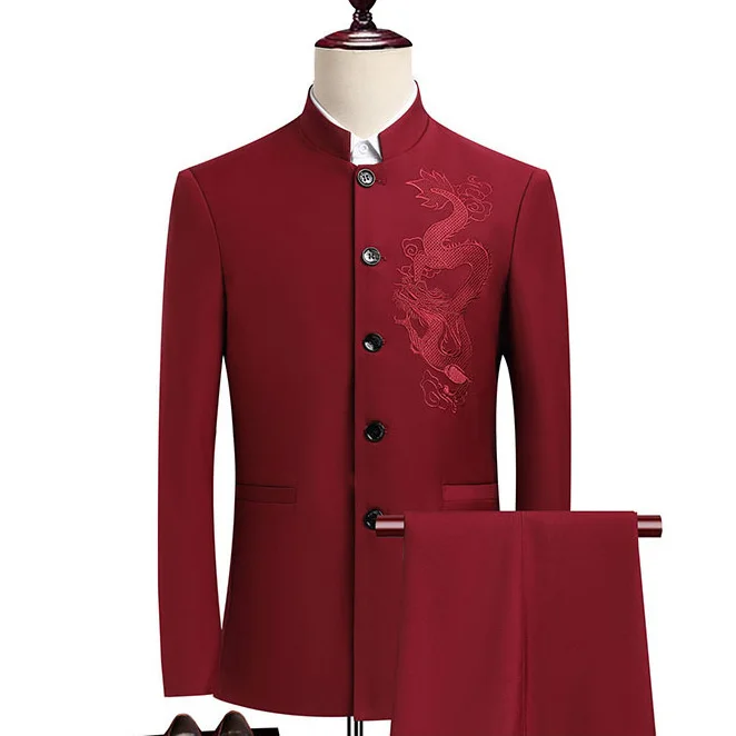 

KIDWHXR Men Suit Set Embroidery Stand Collar Single-breasted Blazer Man Solid Color Pant Male Wedding Groom 2-piece Outfit