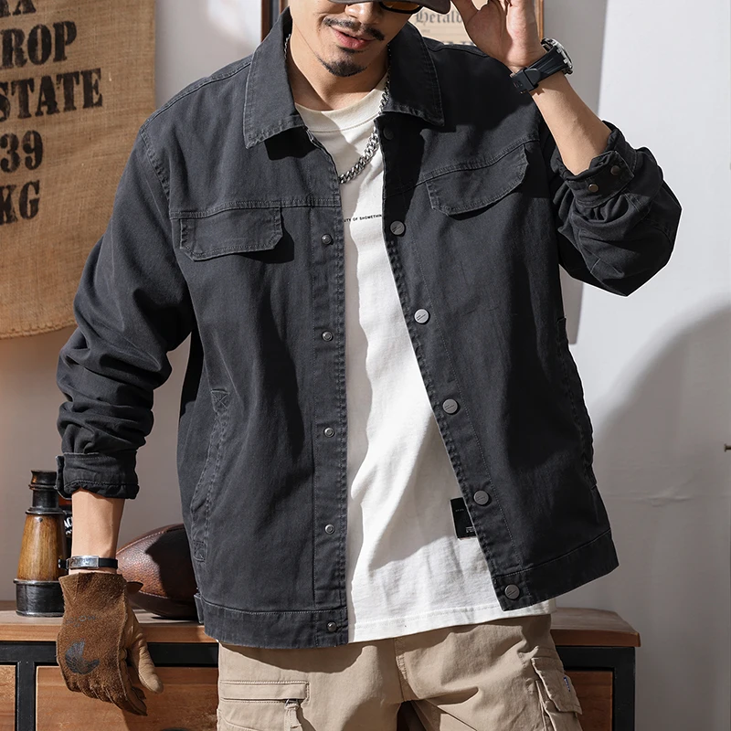 الرجعية الأمريكية غسلها الدنيم سترة الرجال قميص غير رسمي فضفاض العلامة التجارية العصرية وسيم عمال سترة ربيع الخريف الموسم