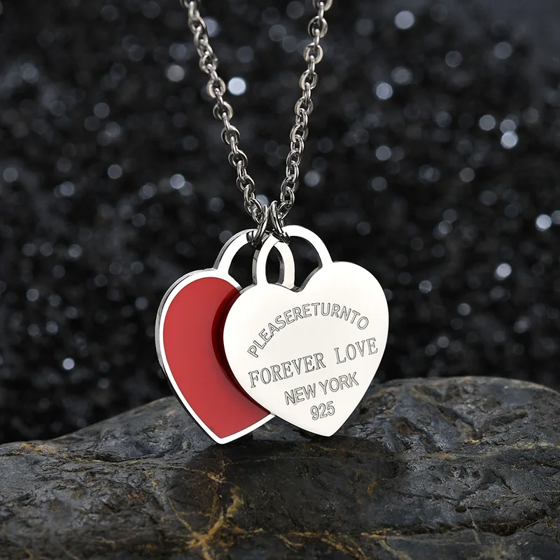 Charm Women Double Love Oil Drip Enamel Necklace Foever Love Fashion Stainless Steel Pendant Valentines Gift For Girls