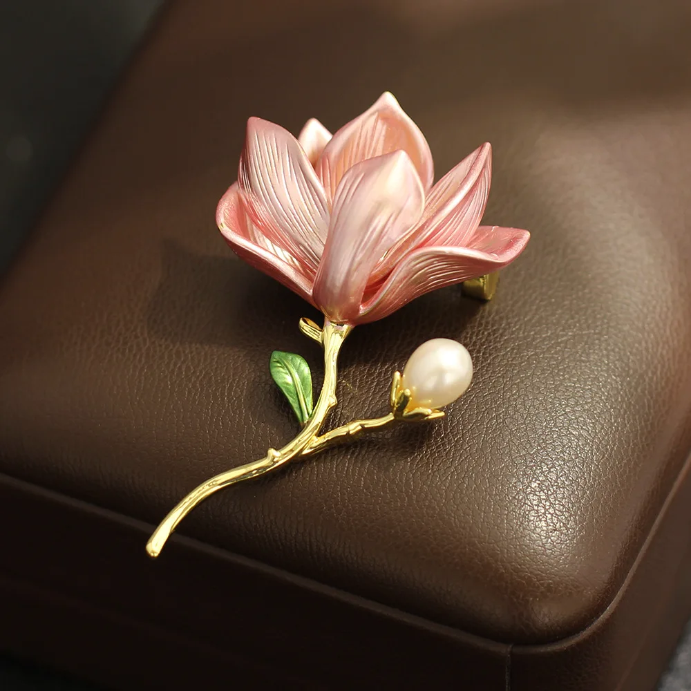 Pink Magnolia Pearl Brooch Enamel Flower High-End Lapel Pin for Evening Gown Suit Coat Women