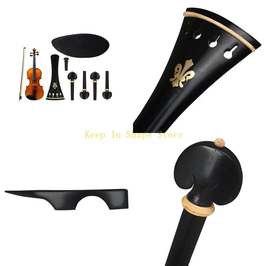 U1JC Violin Replacement Parts Set with Decorative Tailpiece Floral Inlay Curved Chinrest Four String Adjusters and Endpin for