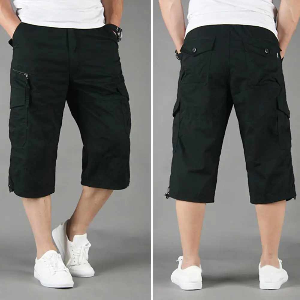 Knee Length Cargo Shorts Men's Summer Casual Cotton Multi Pockets Breeches Cropped Short Trousers Shorts