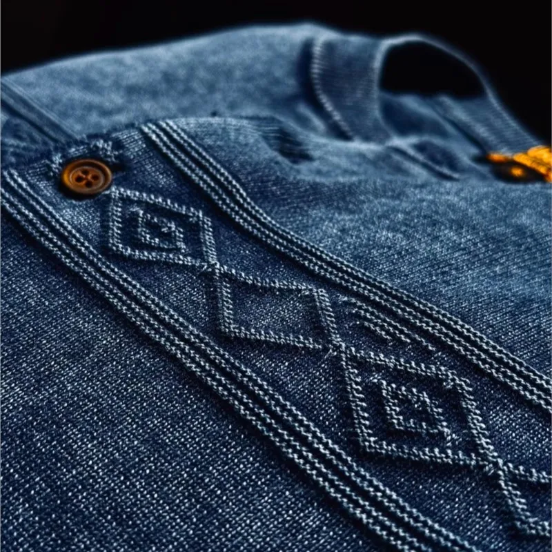 Lässiges, amerikanisches Retro-gewaschenes, Stonewashed Distressed-Strick-Kurzarm-T-Shirt für Herren im Amekaji-Stil