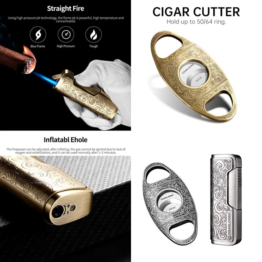 

Cigar Cutter and Lighter Set Sharpening Blade Engraved Cigar Guillotine and Retro Carved Lighter Color:Silver