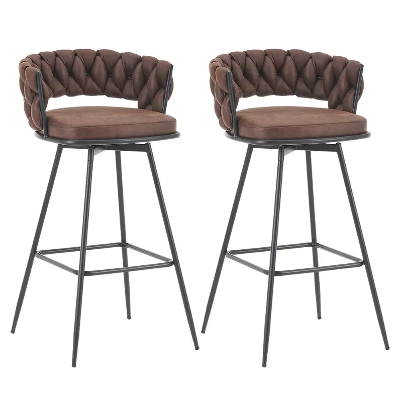 

Popular Luxury Home Metal Frame Bar Stool New Design Black Legs Brown Soft Braided Back High Bar Chair Kitchen Use