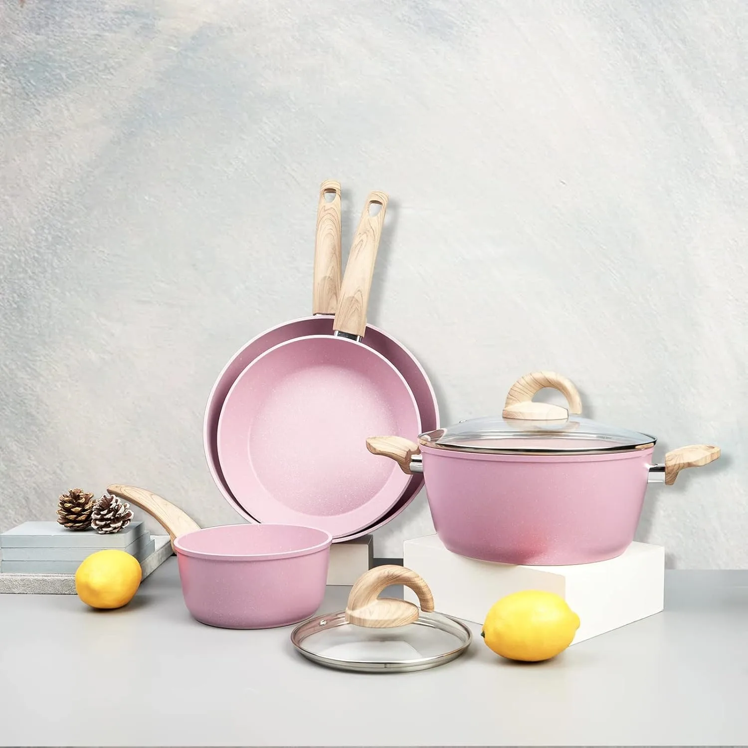Pink Pots and Pans Set Non Stick, Ceramic Cookware Set with Granite Pattern Kitchen Cooking Sets Induction Pot and Pan w/Frying