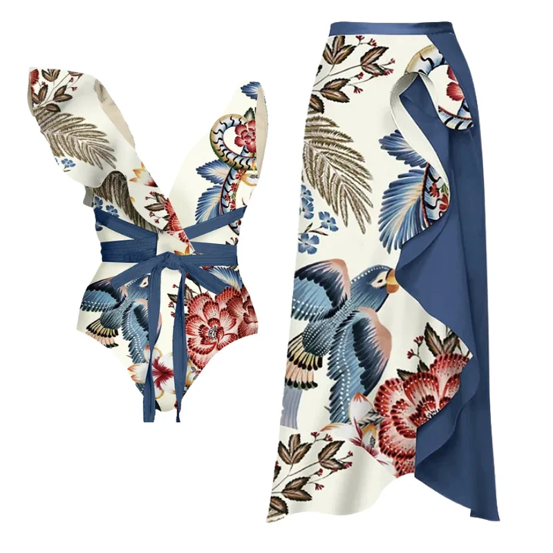 One Piece Swimsuit For Women European And American Swimwear Deep V Ruffle Edge Toucan Print One-piece Swimsuit And Wrap Skirt Se