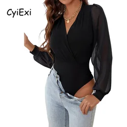 CyiExi Sexy Black V Neck Mesh Long Sleeve Bodysuit for Women Night Club Wear Body Tops Elegant Female Tops  S-XL