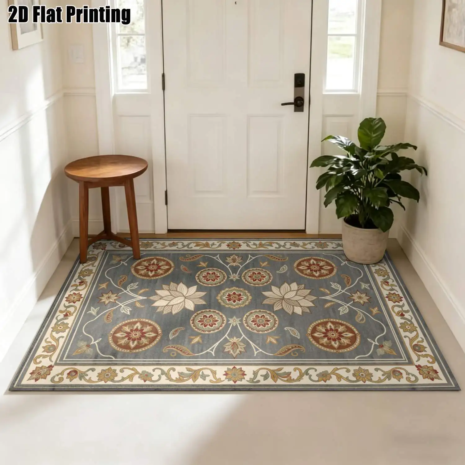 1Pc 2D Printed Blue-Grey Floral Vintage European Geometric Carpet, Machine Washable, Multi-Size, for Home Decor: Living Room, Bedroom, Dining Room, Entrance, Study