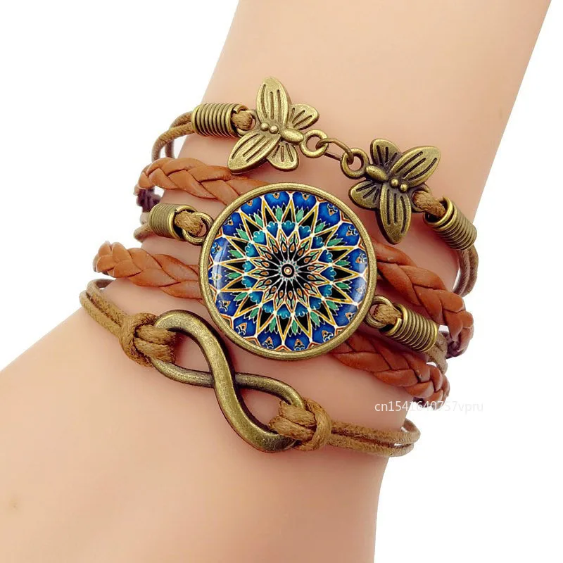 Pulsera de cuero de pu con cúpula de cristal y flor de Mandala bohemia, pulsera tejida marrón multicapa Vintage para mujeres y hombres