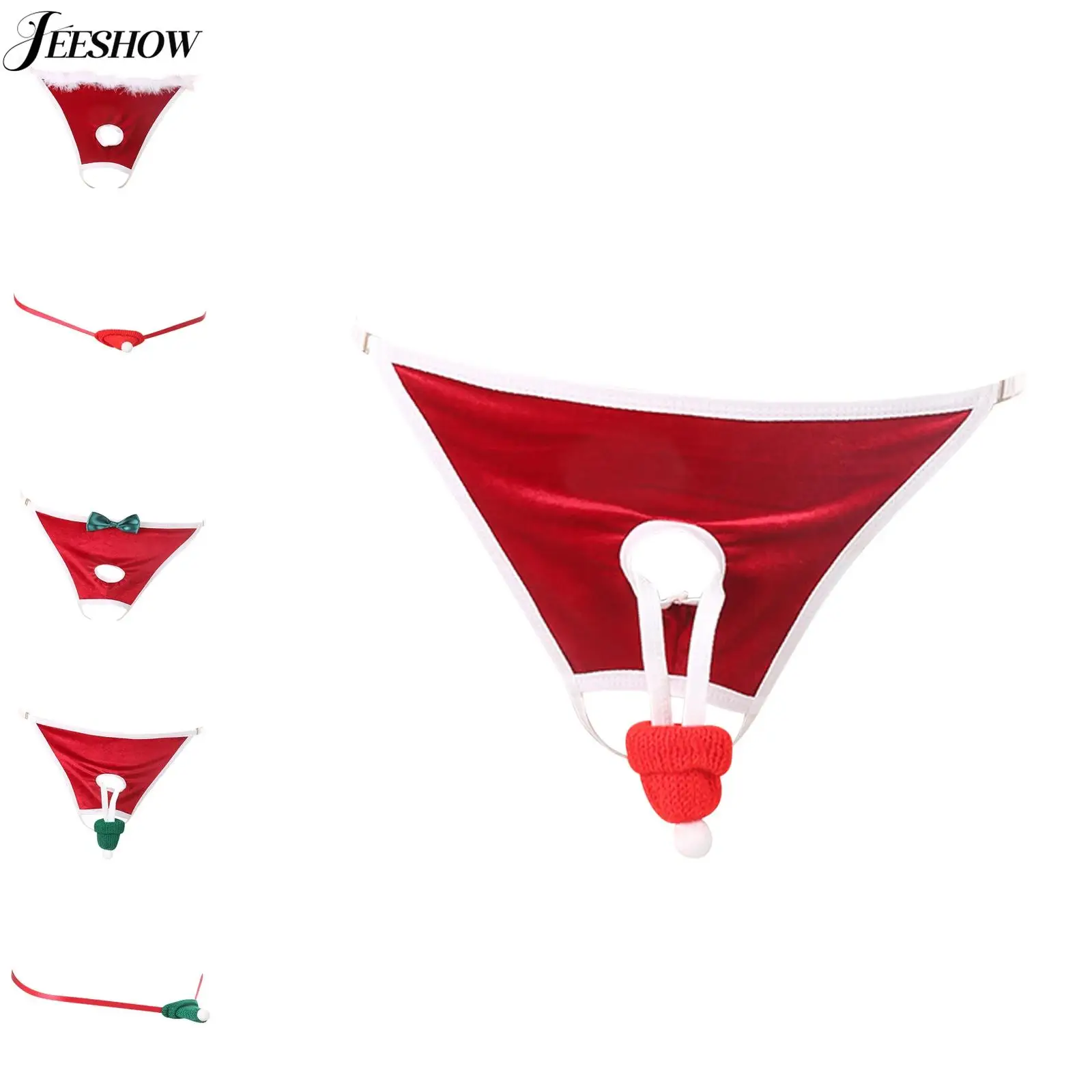 

Мужское сексуальное рождественское нижнее белье, забавный кляп, подарок, мини-шляпа/бант/пушистая отделка, стринги с открытой промежностью и Т-образной спинкой, рождественский фестиваль, микро трусы