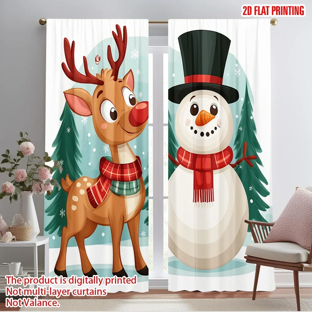 2pcs,2D plane printing Curtains&Window Treatment Cute Reindeer Snowman Merry Christmas (2) Polyester Easy Install (without rod)