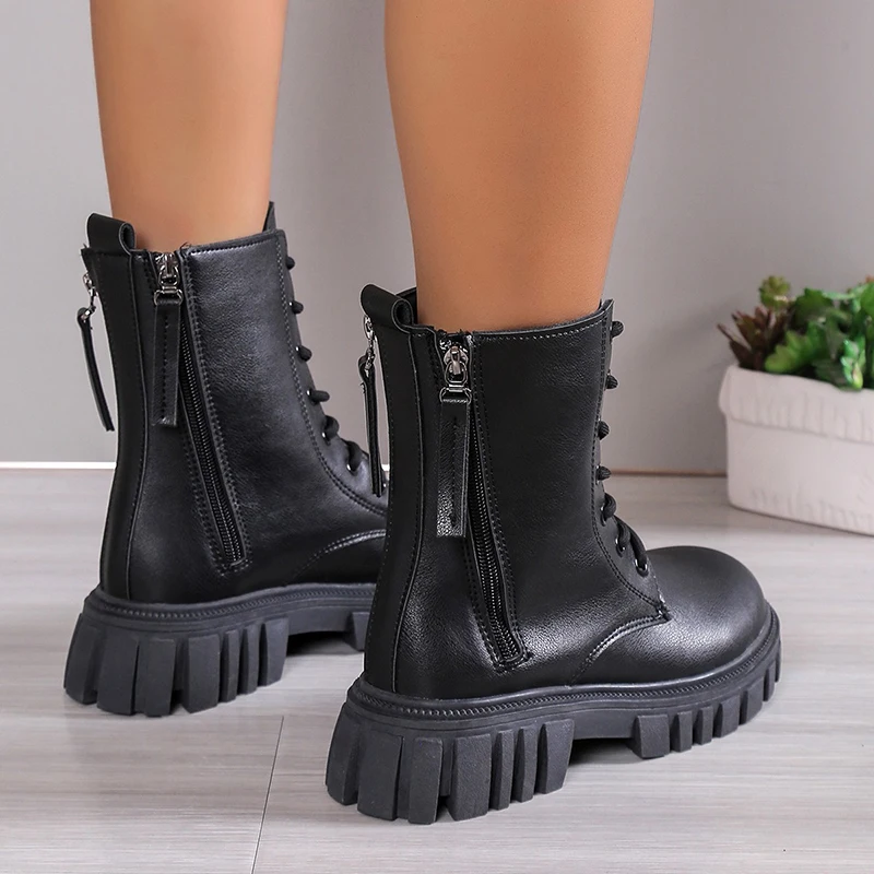 2024 Black New Women Ankle Boots Autumn Winter Platform Lace Up Ladies Punk Boots Thick Sole Zipper Combat Booties Female