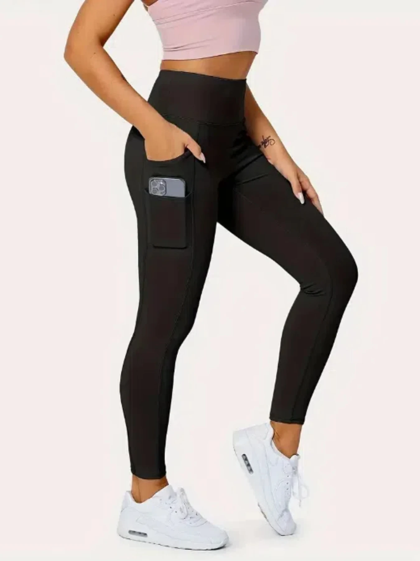 Ladies High-Waist Yoga Pants with Double Pockets Solid Color Sport Fitness Tight Pants for Women