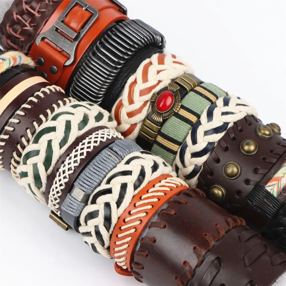 

10Pcs/Lot New Retro Wide Punk Leather Bracelets Fashion Braided Handmade Rope Wrap Various Styles Bangles Jewelry For Men Women