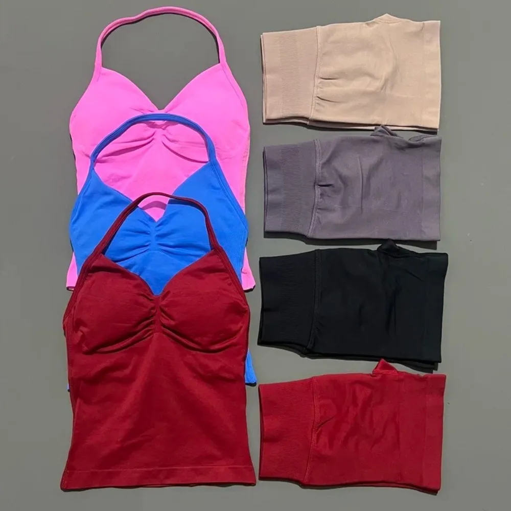 Women Two Piece Yoga Workout Set, Padded Long Tank Top and Butt Lift Fitness Shorts, 90% Nylon 10% Spandex High Stretch Moisture Wicking Gym Sports Set, Solid Color Sleeveless Activewear for Training