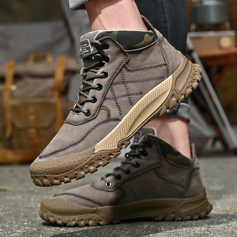 

2026 Outdoor Sneakers Men Shoes New Genuine Leather High Tops Casual Sport Hiking Shoes Hot Skidproof Cow Leather Climbing Boots