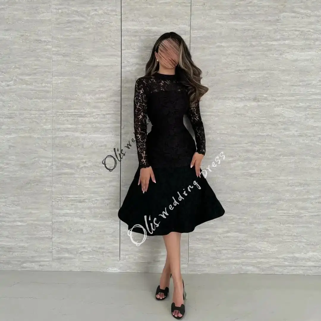 

customized Black Long Sleeves Prom Dresses High Neck Pleated Lace Knee Length Party Dresses Evening Dresses