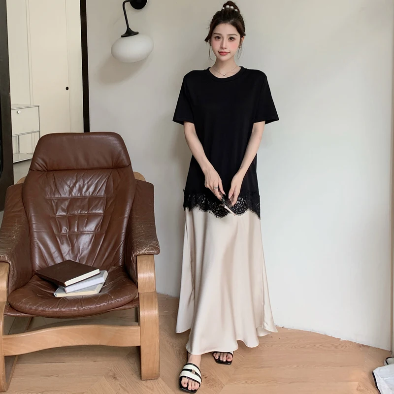 

Patchwork Women's Dress Summer 2025 Loose Long Dresses Robe Short Sleeve Korean Hem