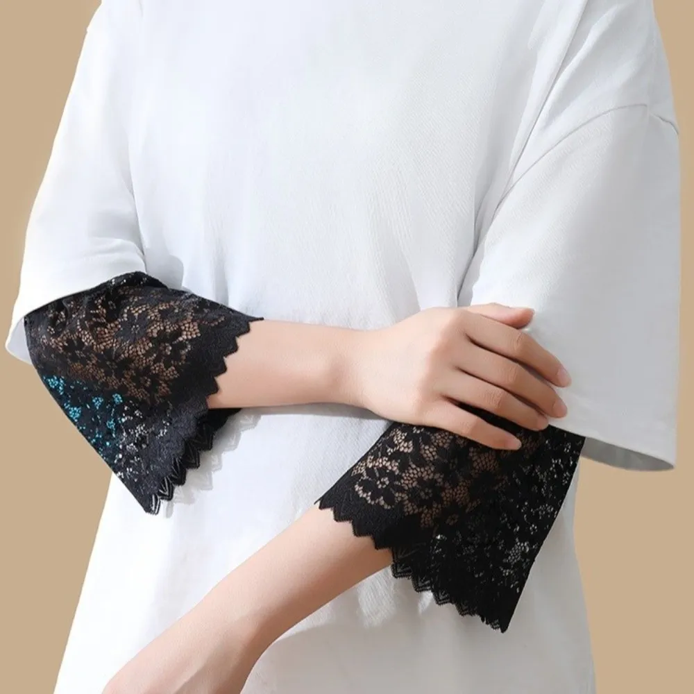 Breathable Solid Color Lace Floral Cuffs Bell Sleeves Stretchable Fake Sleeves Flower Black Wrist Accessories Wedding Dress