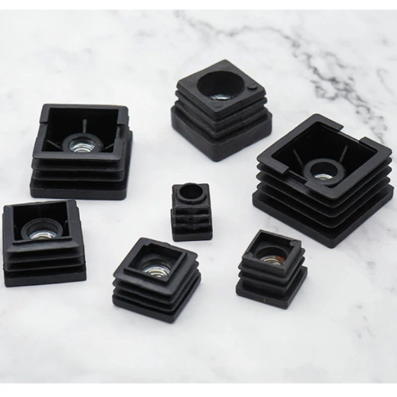 Black Plastic Square Adjustable Leveling Feet 15‑50mm, Pipe Inner Insert Table Chair Support Pad M6 M8 M10 Hardware