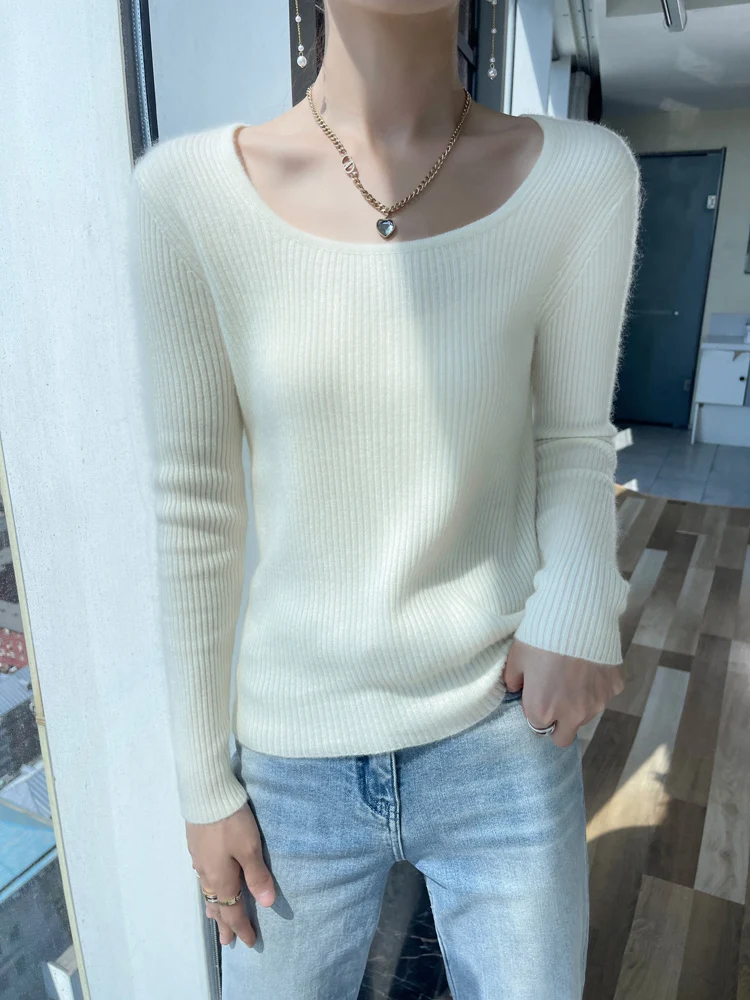 Autumn Winter Women Slim Sweater 100% Merino Wool U-Collar Knitted Pullover Solid Jumper Long Sleeve Korean Style Clothing Tops