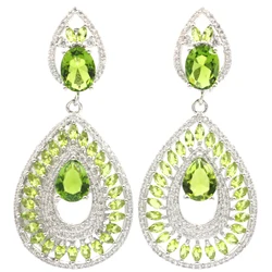 Buy 5 Get 1 Free 54x24mm Delicate Fine Cut Green Peridot White Sapphire White CZ Ladies Wedding Silver Earrings