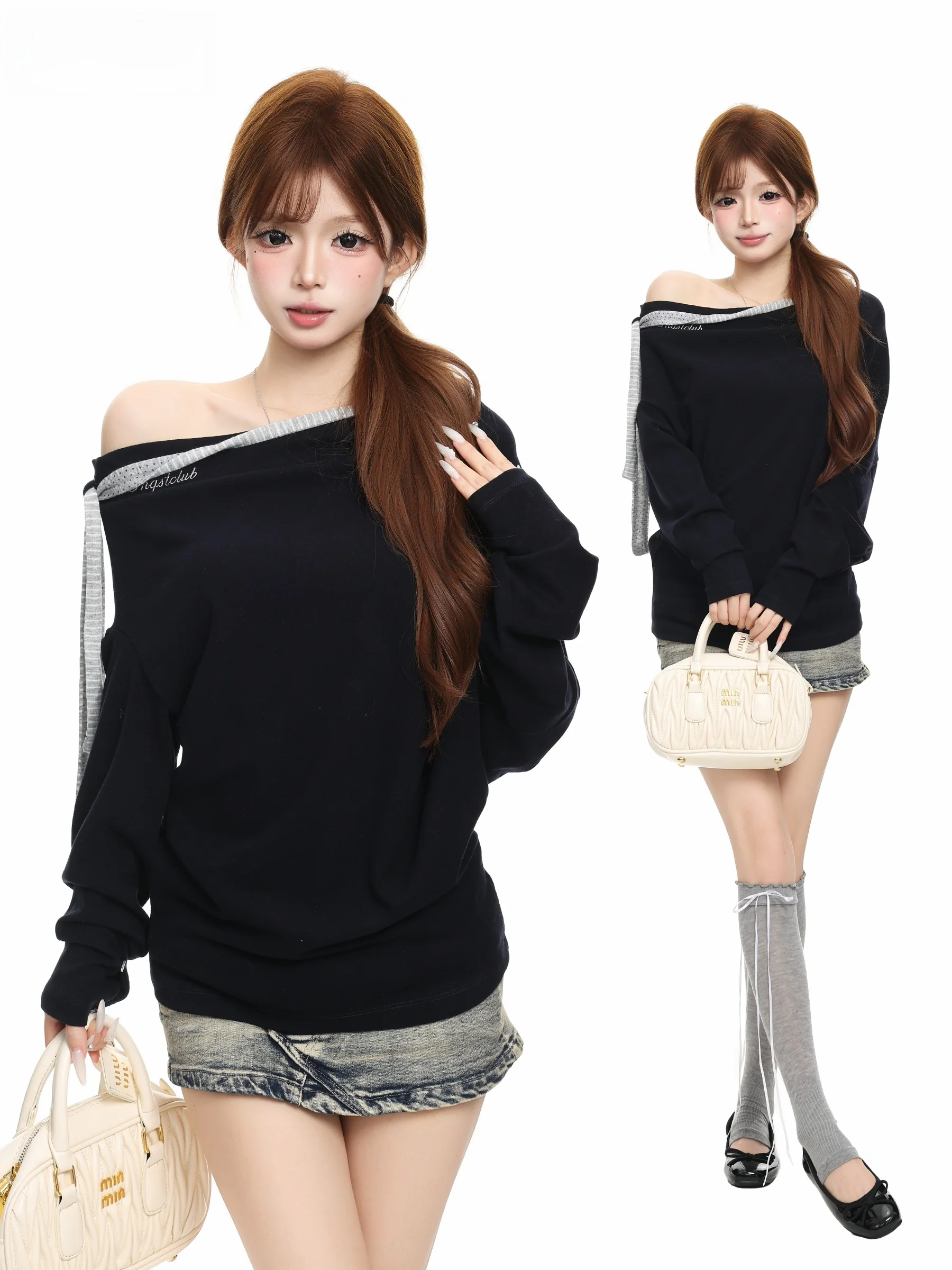 BASTERDS American Style Long Sleeve Letter Embroidery T-Shirt Women's Autumn Belt Design Slimming Top High Waist Gathered Sleeve
