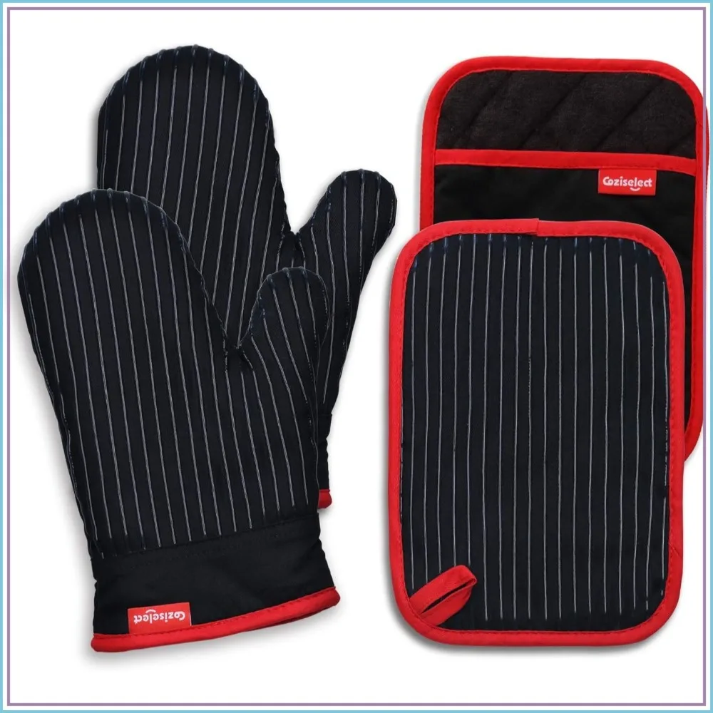 Heat Resistant Oven Mitts and Pot Holders Set, 4 Pcs Silicone Cooking Gloves with Cotton Terrycloth Lining