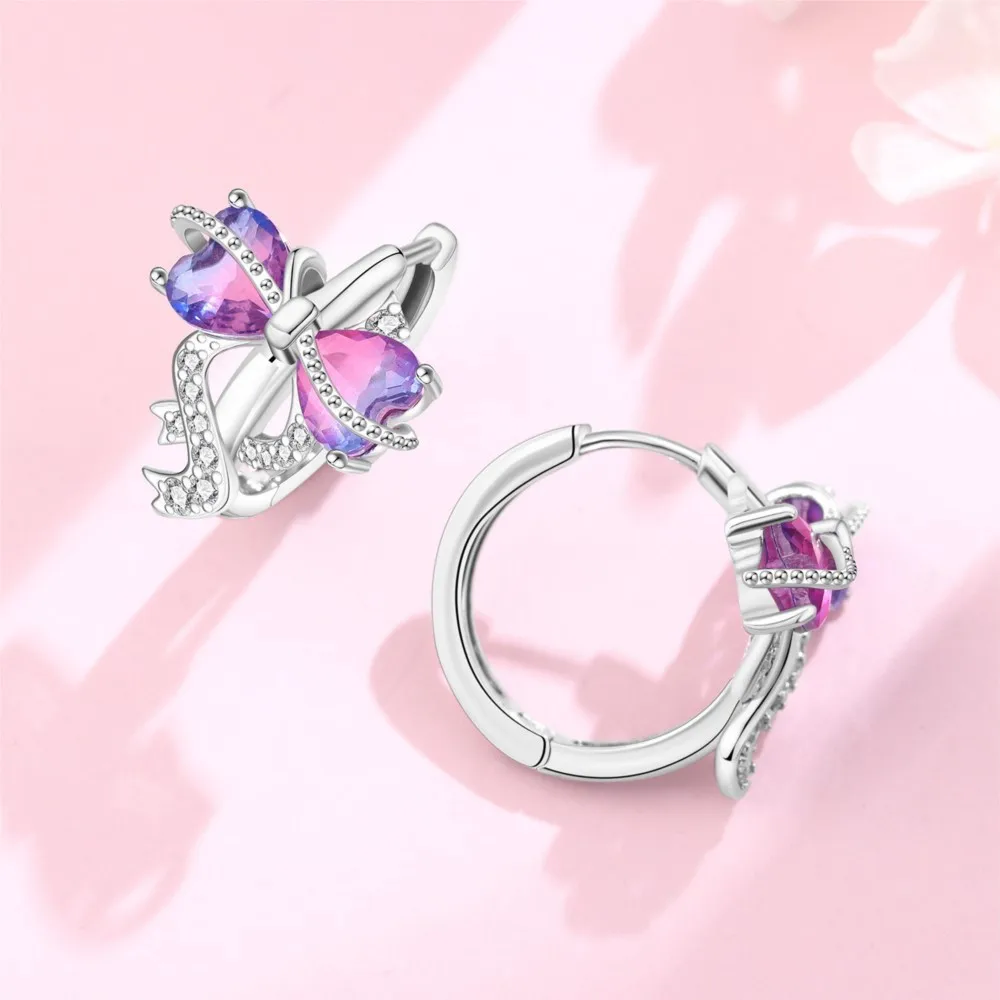 Panpoki s925 prata esterlina roxo em forma de coração arco brincos de argola versáteis para mulheres jóias presentes de festa originais