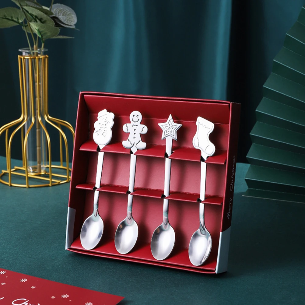 

2Sets Xmas Coffee Spoons Stainless Steel Dessert Spoons Wear Resistant Smooth Surface Suitable for Ice Cream Cake