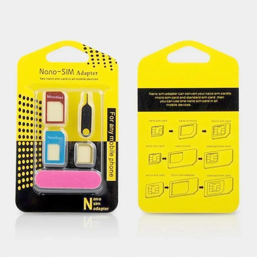 100 unids/lote 5 en 1 adaptador de soporte de tarjeta Sim conversión estándar/Nano/Micro ranura con Pin de expulsión para todos los teléfonos inteligentes