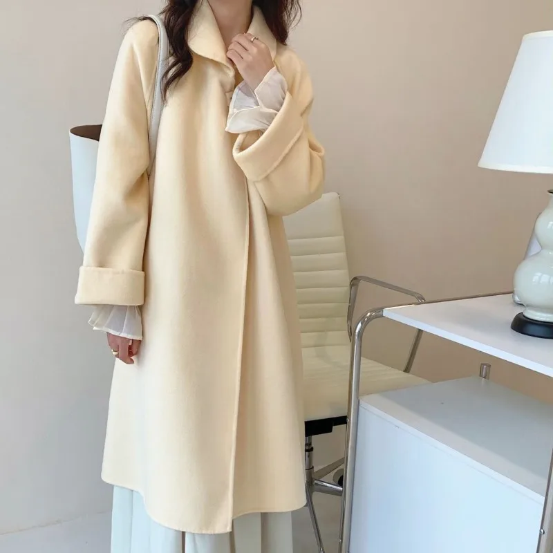 Women Light Luxury Reversible Cashmere Coat Autumn Winter Female Temperament High-Grade Woolen Outwear Retro Loose Long Outcoat