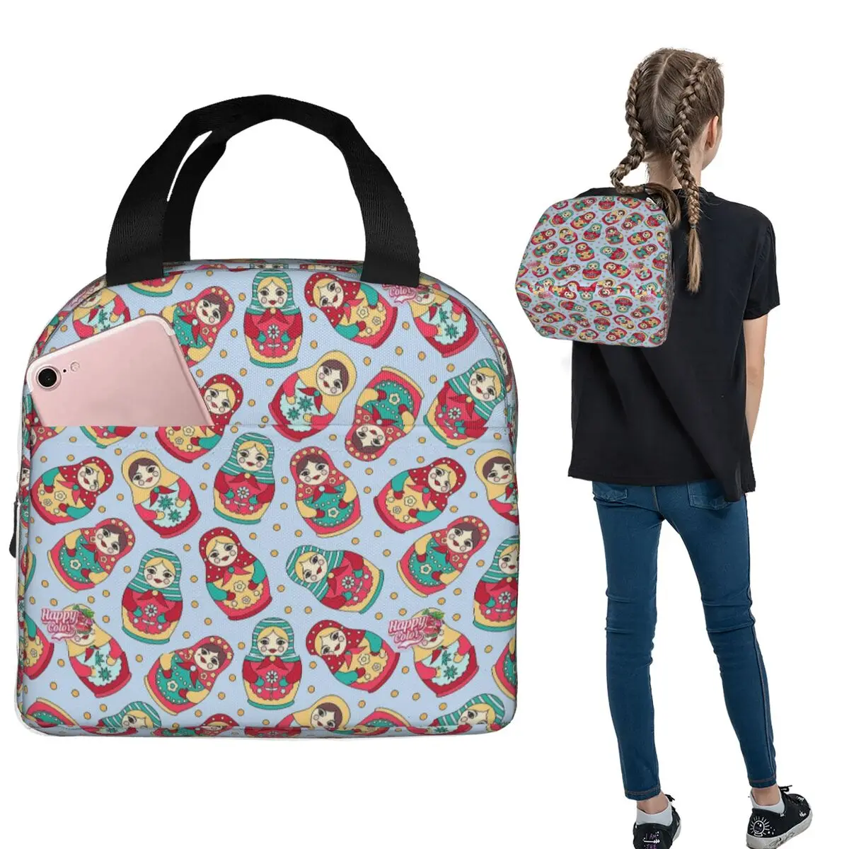 

Russia Matryoshka Doll Flowers Insulated Lunch Bag for Women Kids Leakproof Food Boxes Thermal Lunch Box Tote