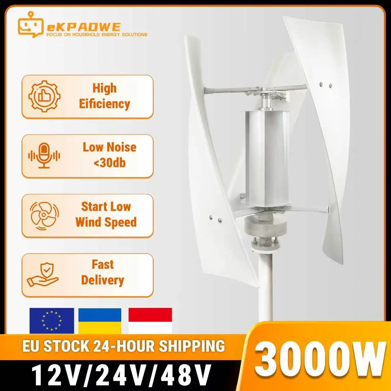 Generador de Turbina Eólica Vertical EKPAOWE para el Hogar, 3000W, 12V, 24V, 48V, Sistema Fuera de la Red, Entrega Rápida desde Almacén en Polonia para Energía Renovable