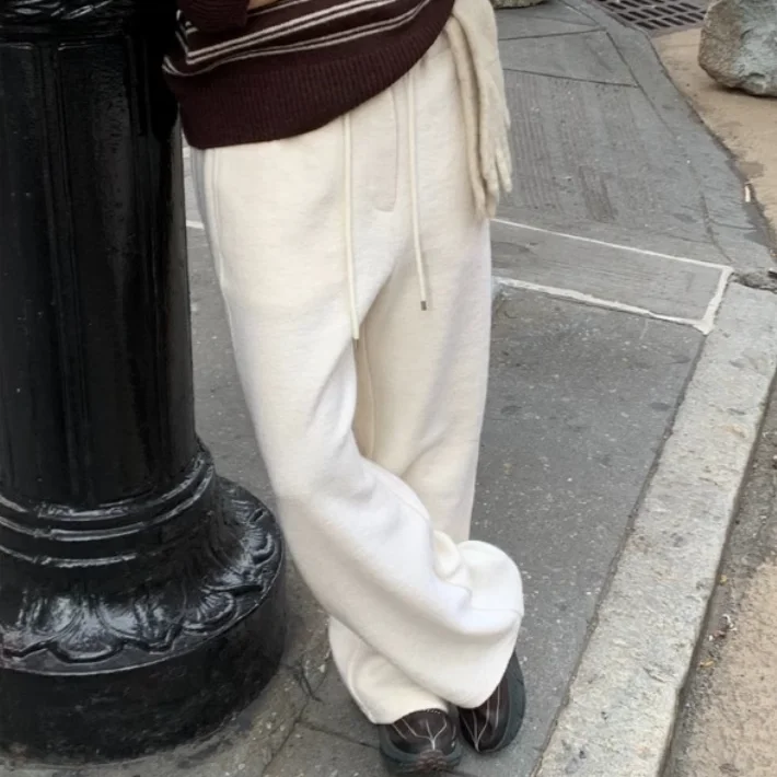 Luźne wełniane spodnie damskie z wysokim stanem i szerokimi nogawkami w stylu koreańskim, z elastyczną gumką w pasie i sznurkiem, długie spodnie wyszczuplające.